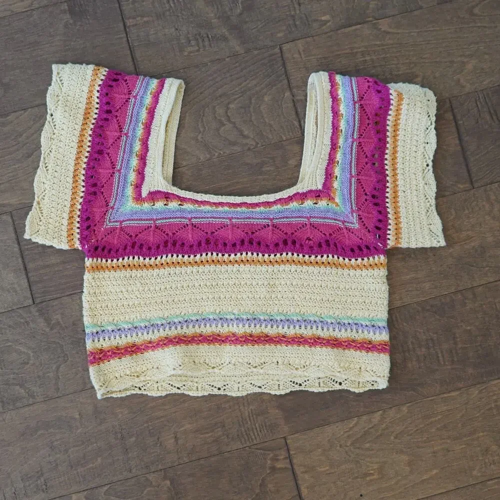 POL Crochet‎ Crop Top Striped Boho Festival Square Neck Summer Top Yellow Small